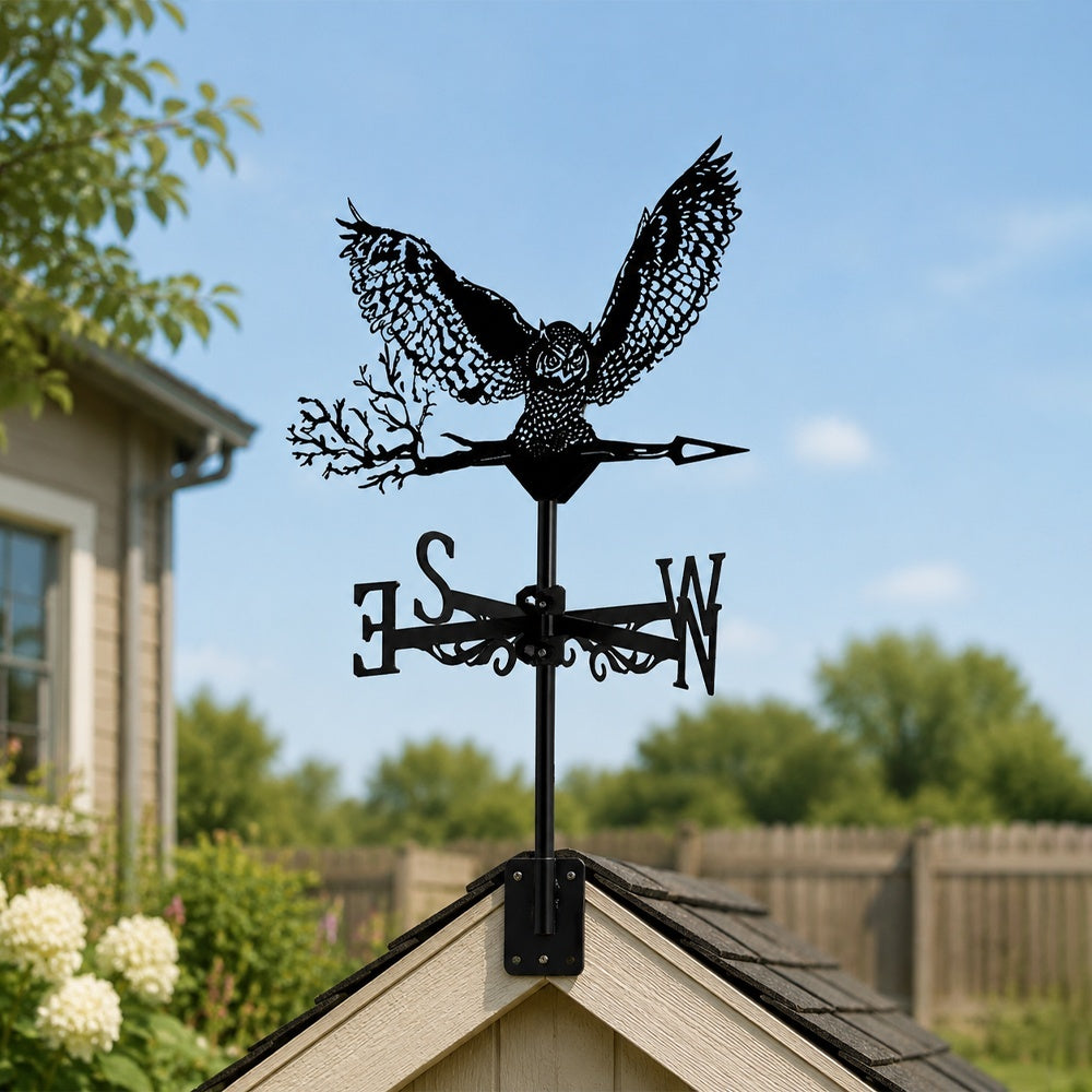 Flying owl metal weather vane with directional arrows and mounting rod, outdoor roof and garden decoration