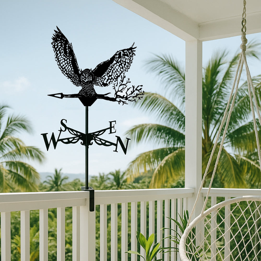 Flying owl metal weather vane with directional arrows and mounting rod, outdoor roof and garden decoration