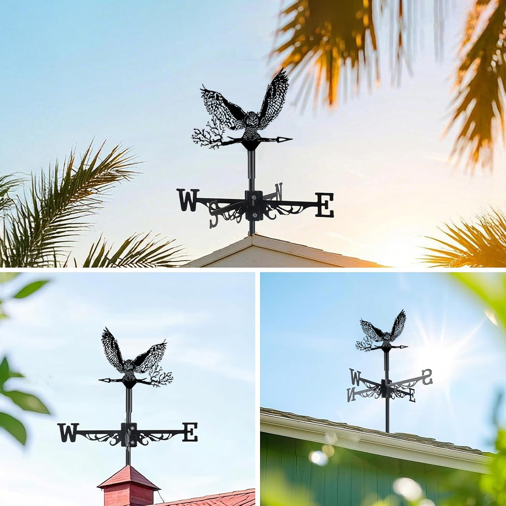 Flying owl metal weather vane with directional arrows and mounting rod, outdoor roof and garden decoration