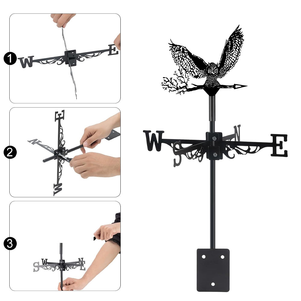 Flying owl metal weather vane with directional arrows and mounting rod, outdoor roof and garden decoration