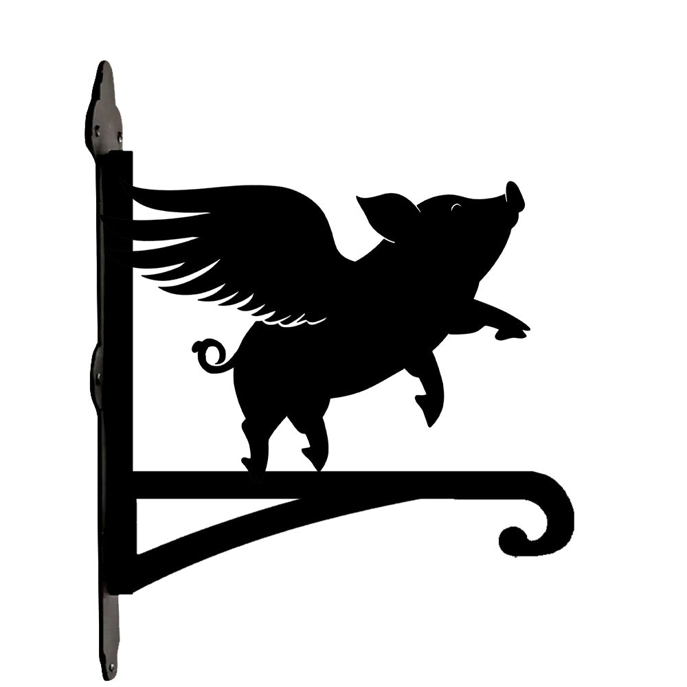 Flying pig metal hanging basket bracket mounted on outdoor wall for plant decoration