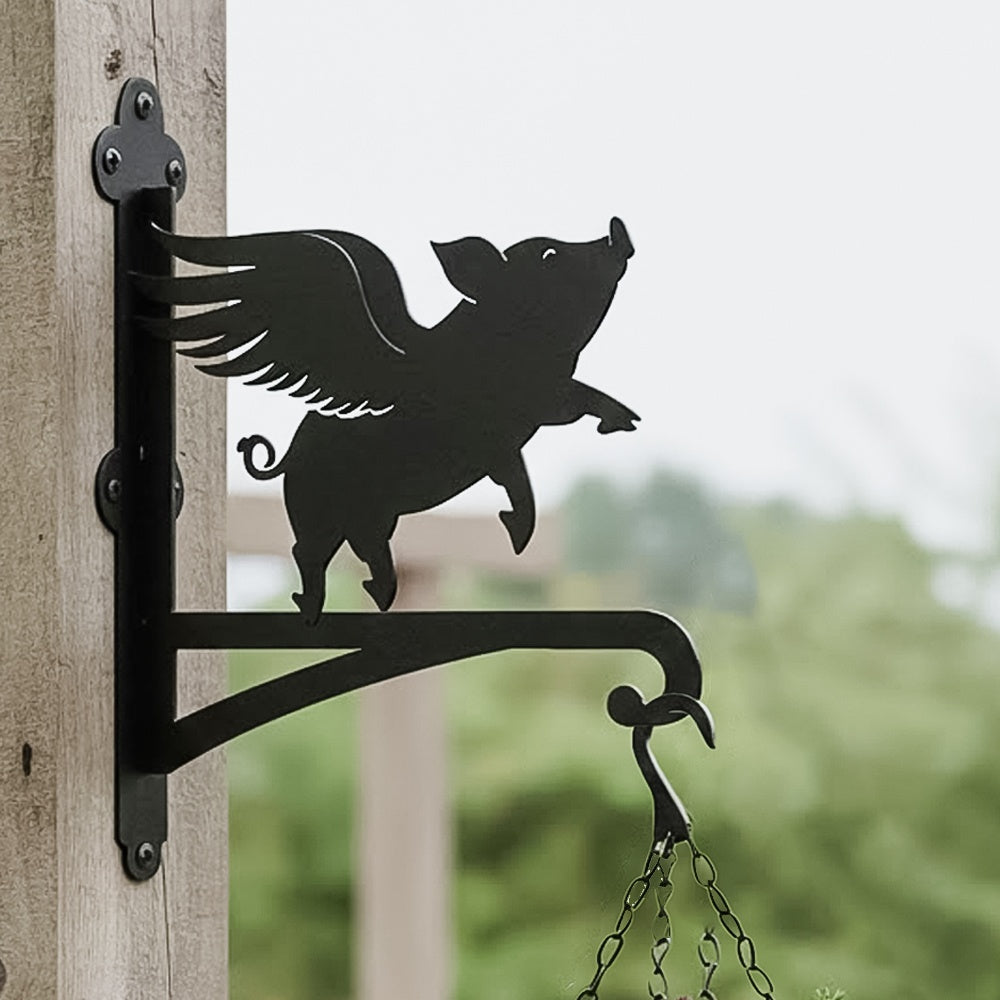 Flying pig metal hanging basket bracket mounted on outdoor wall for plant decoration