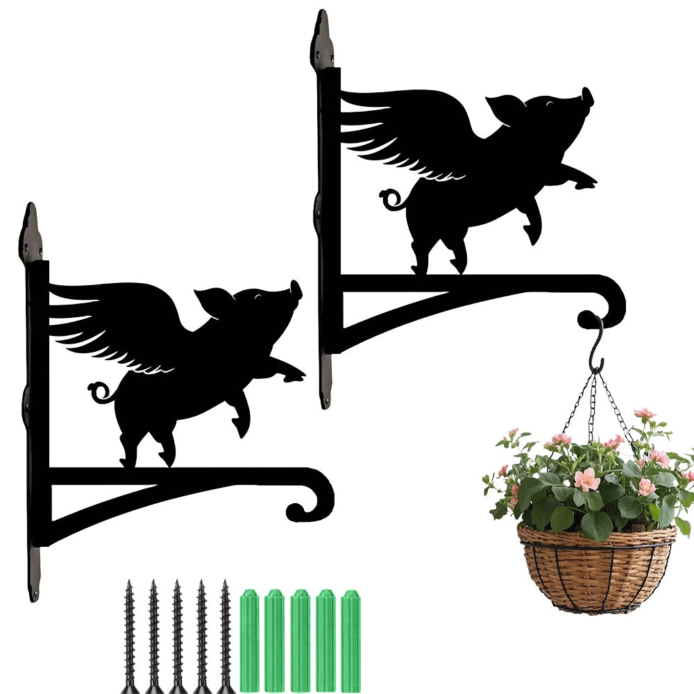 Flying pig metal hanging basket bracket mounted on outdoor wall for plant decoration