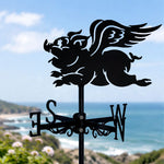 Flying pig metal weather vane with directional arrows and mounting rod, outdoor roof and garden decoration