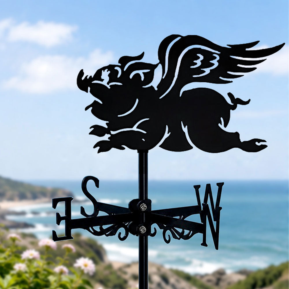 Flying pig metal weather vane with directional arrows and mounting rod, outdoor roof and garden decoration