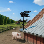 Flying pig metal weather vane with directional arrows and mounting rod, outdoor roof and garden decoration