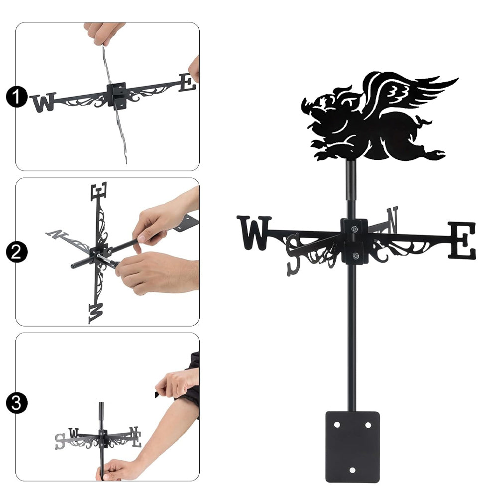 Flying pig metal weather vane with directional arrows and mounting rod, outdoor roof and garden decoration