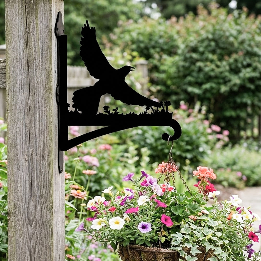 Flying raven metal hanging basket bracket mounted on outdoor wall for plant decoration