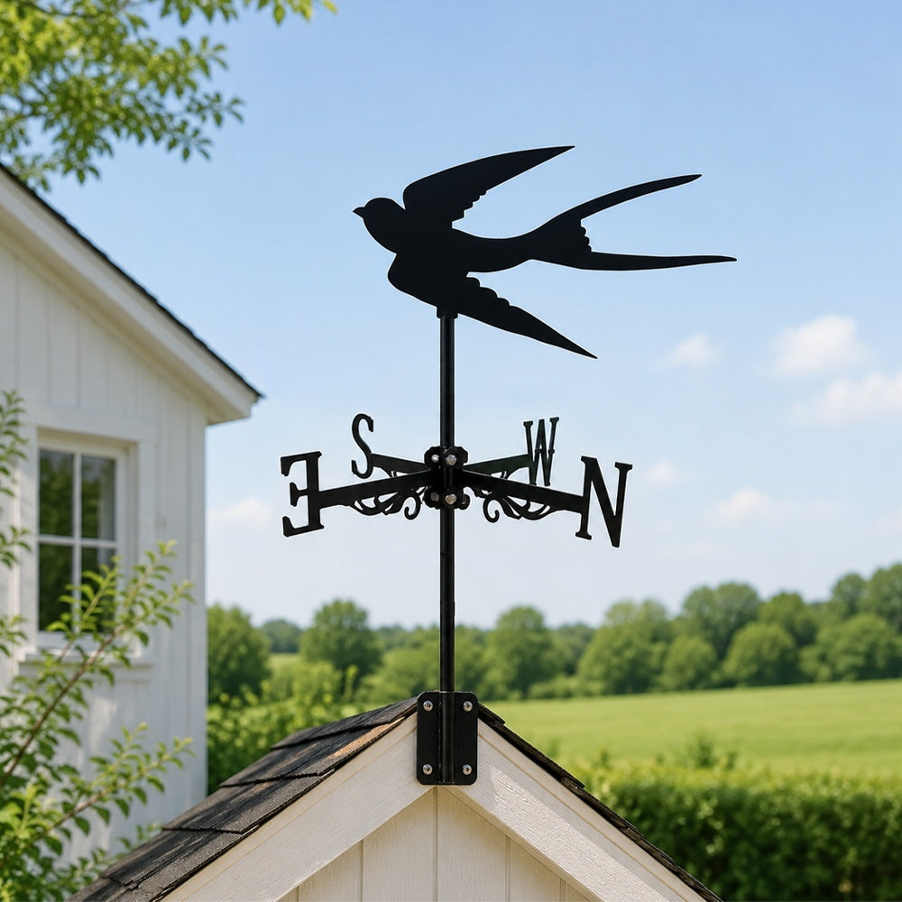 Flying swallow metal weather vane with directional arrows and mounting rod, outdoor roof and garden decoration