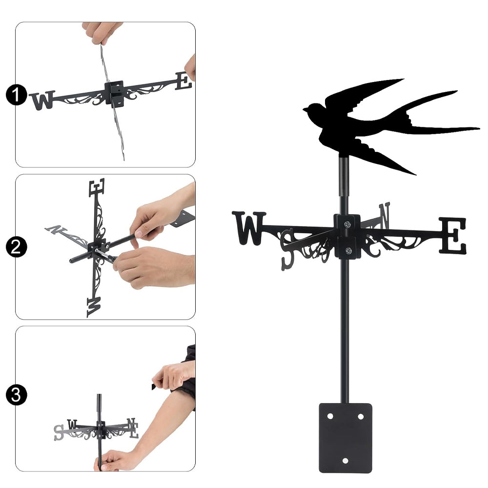 Flying swallow metal weather vane with directional arrows and mounting rod, outdoor roof and garden decoration