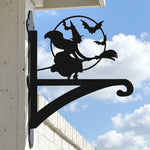 Flying witch and bats metal hanging basket bracket mounted on outdoor wall for plant decoration
