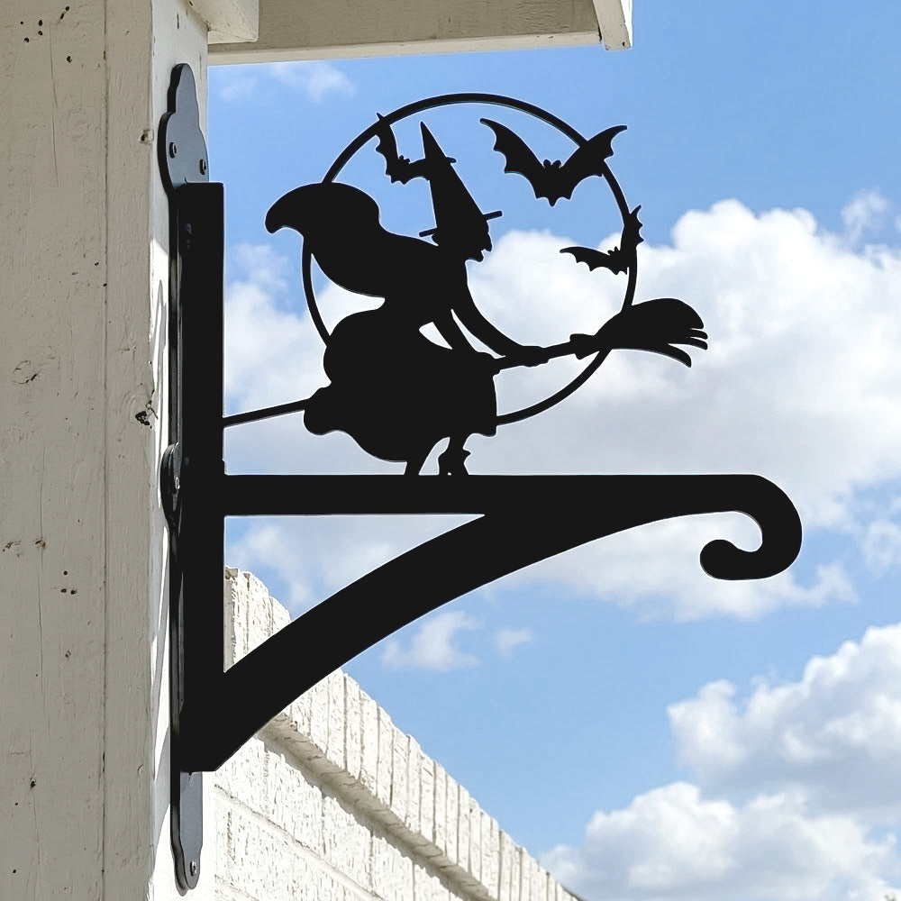 Flying witch and bats metal hanging basket bracket mounted on outdoor wall for plant decoration
