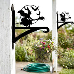 Flying witch and bats metal hanging basket bracket mounted on outdoor wall for plant decoration