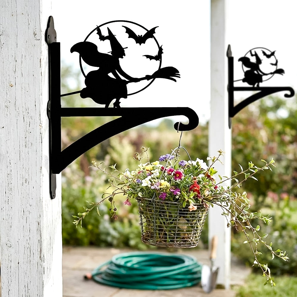 Flying witch and bats metal hanging basket bracket mounted on outdoor wall for plant decoration