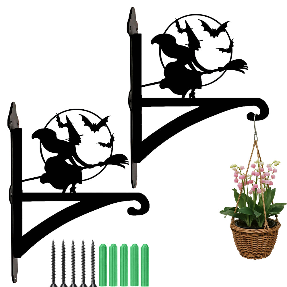 Flying witch and bats metal hanging basket bracket mounted on outdoor wall for plant decoration