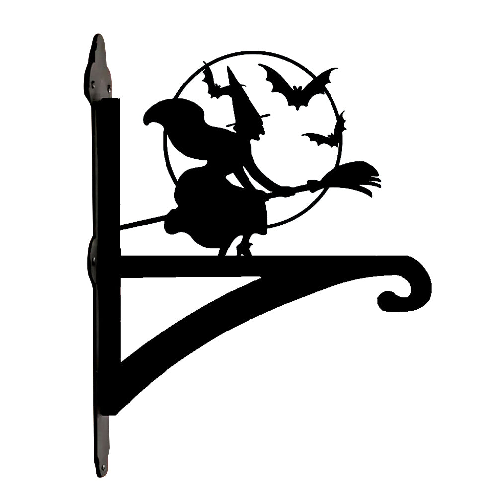 Flying witch and bats metal hanging basket bracket mounted on outdoor wall for plant decoration