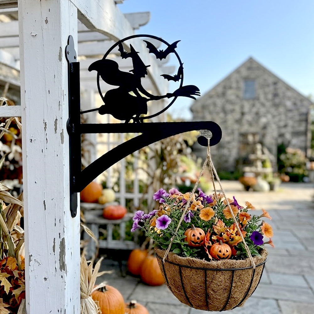 Flying witch and bats metal hanging basket bracket mounted on outdoor wall for plant decoration