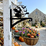 Flying witch and bats metal hanging basket bracket mounted on outdoor wall for plant decoration