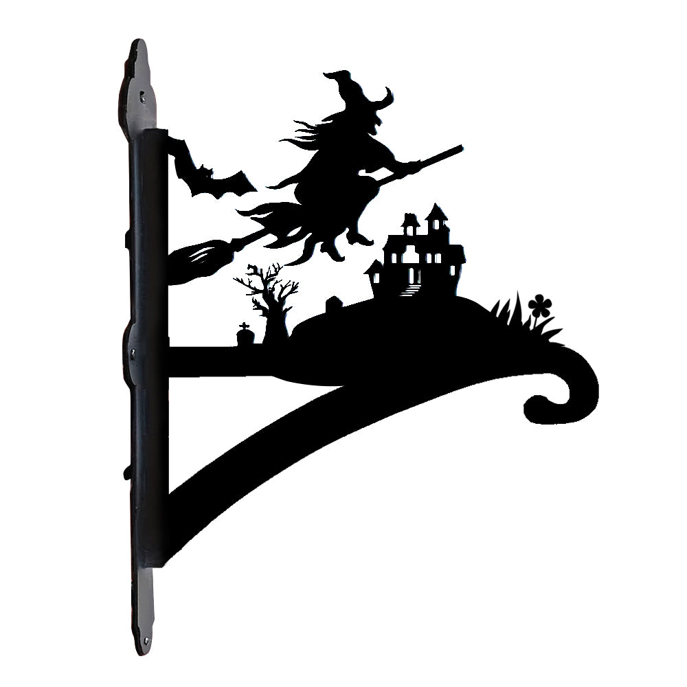 Flying witch and castle metal hanging basket bracket mounted on outdoor wall for plant decoration