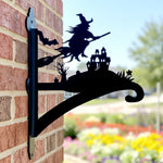 Flying witch and castle metal hanging basket bracket mounted on outdoor wall for plant decoration