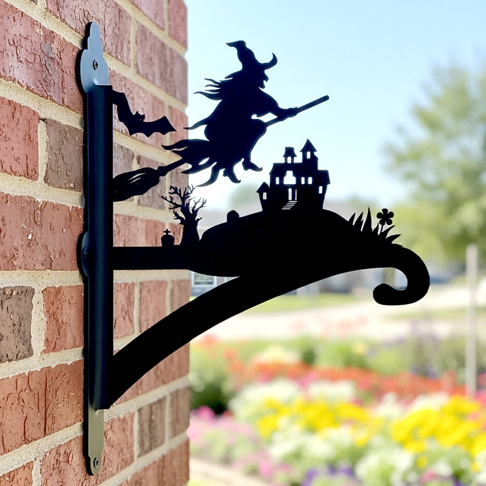 Flying witch and castle metal hanging basket bracket mounted on outdoor wall for plant decoration