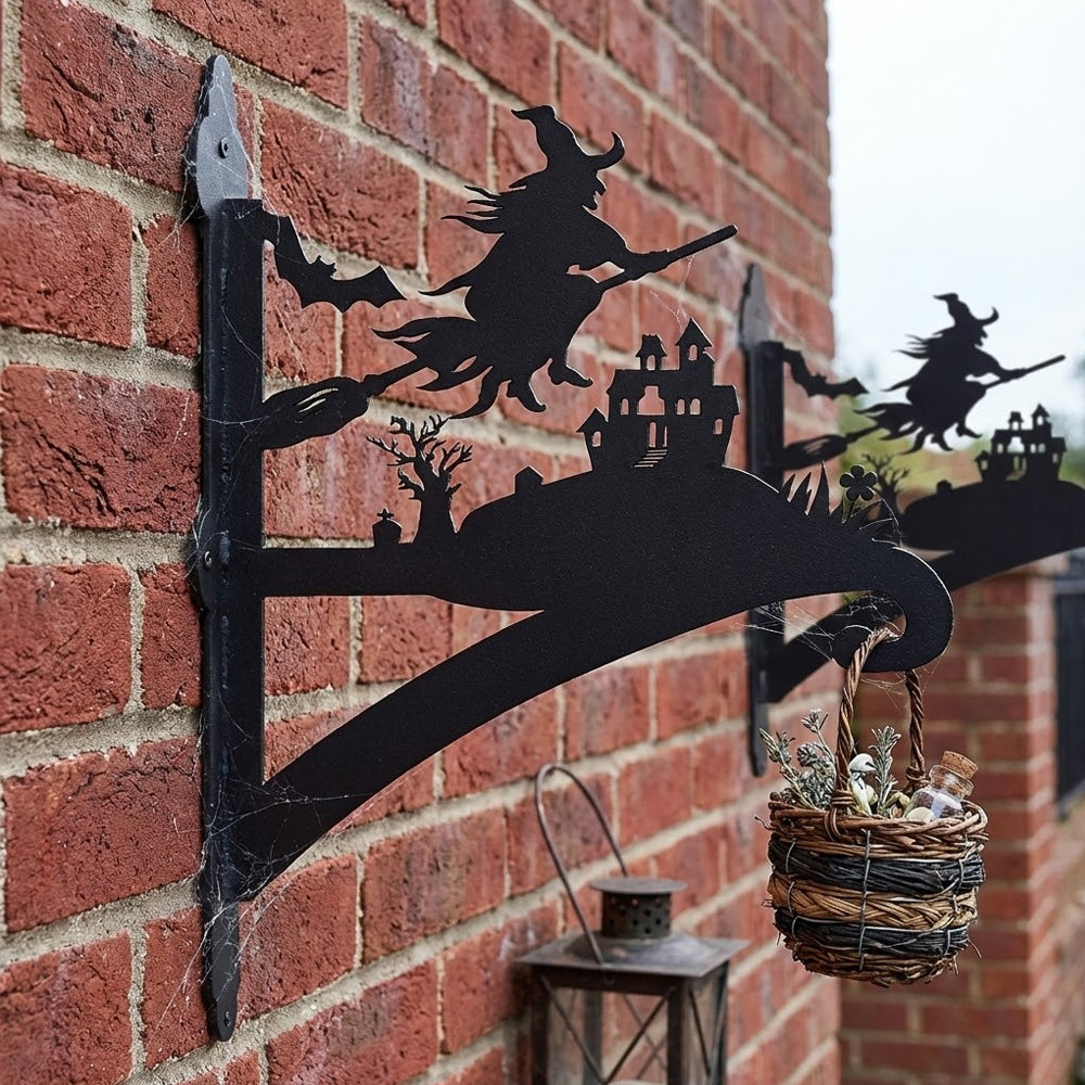 Flying witch and castle metal hanging basket bracket mounted on outdoor wall for plant decoration