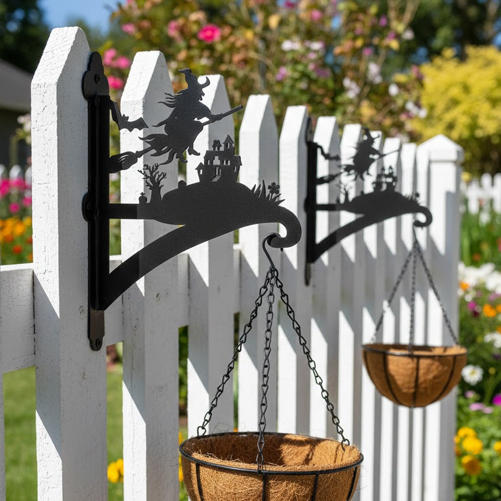 Flying witch and castle metal hanging basket bracket mounted on outdoor wall for plant decoration