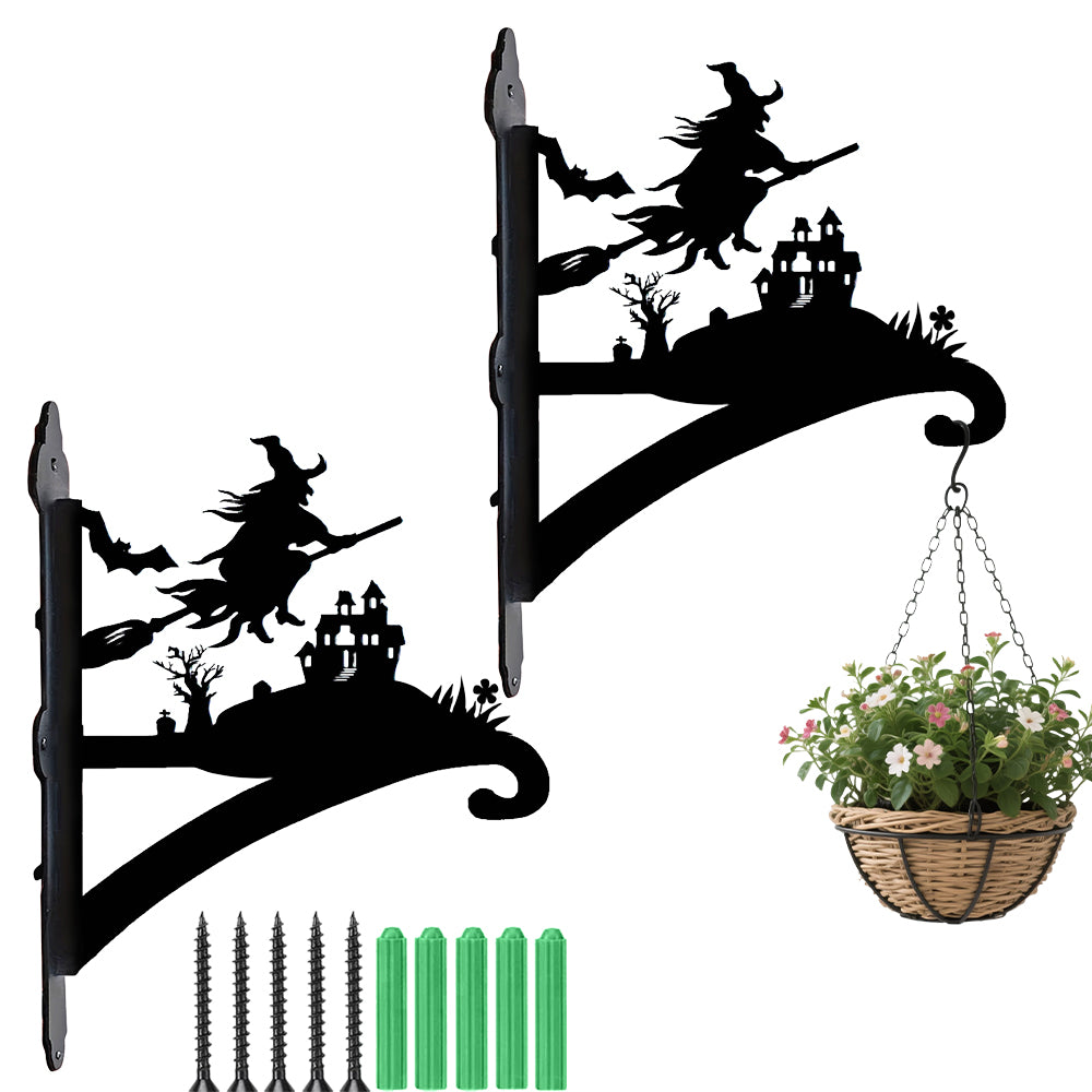 Flying witch and castle metal hanging basket bracket mounted on outdoor wall for plant decoration