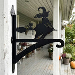 Flying witch and cat metal hanging basket bracket mounted on outdoor wall for plant decoration