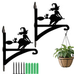 Flying witch and cat metal hanging basket bracket mounted on outdoor wall for plant decoration