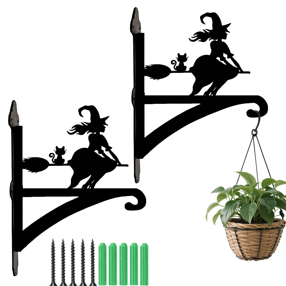 Flying witch and cat metal hanging basket bracket mounted on outdoor wall for plant decoration