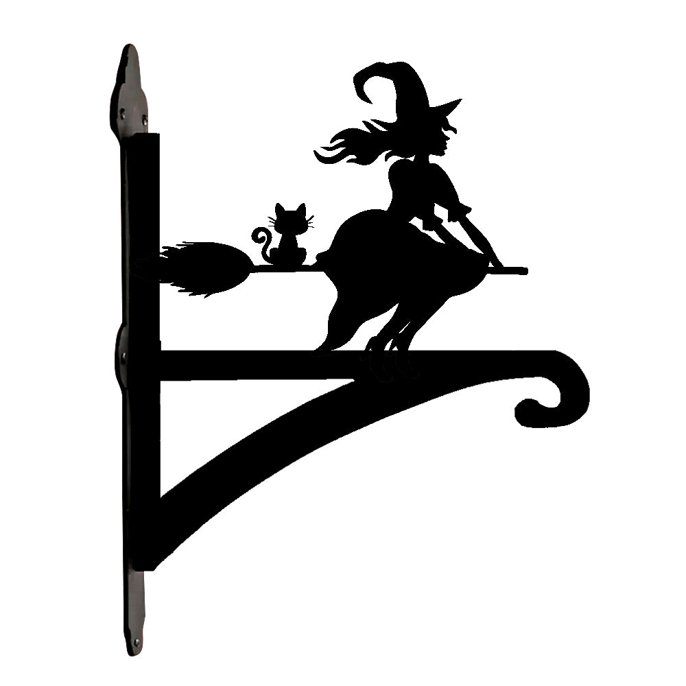 Flying witch and cat metal hanging basket bracket mounted on outdoor wall for plant decoration
