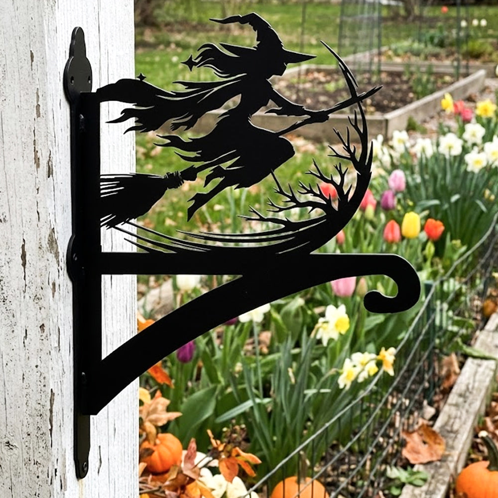 Flying witch and moon metal hanging basket bracket mounted on outdoor wall for plant decoration