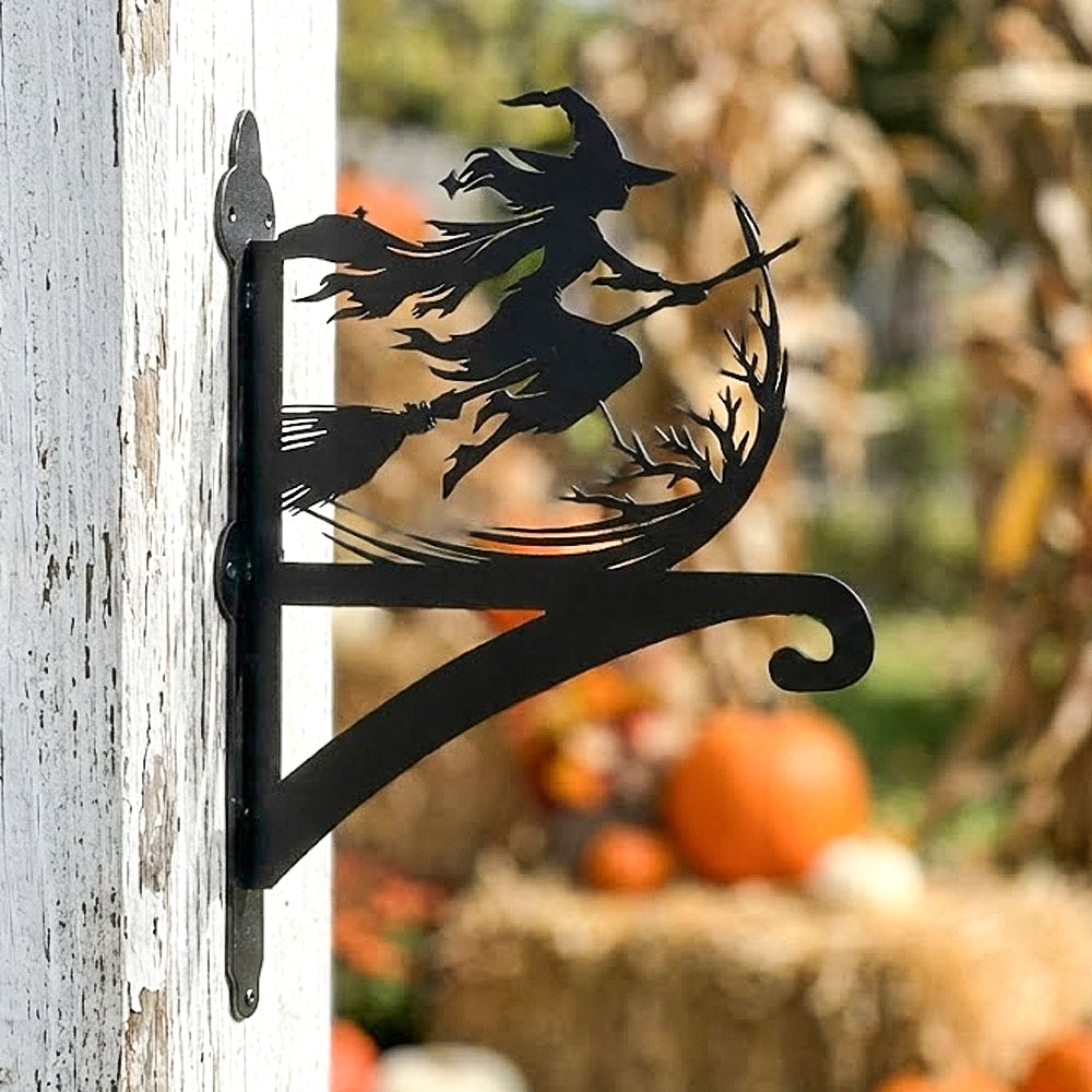 Flying witch and moon metal hanging basket bracket mounted on outdoor wall for plant decoration