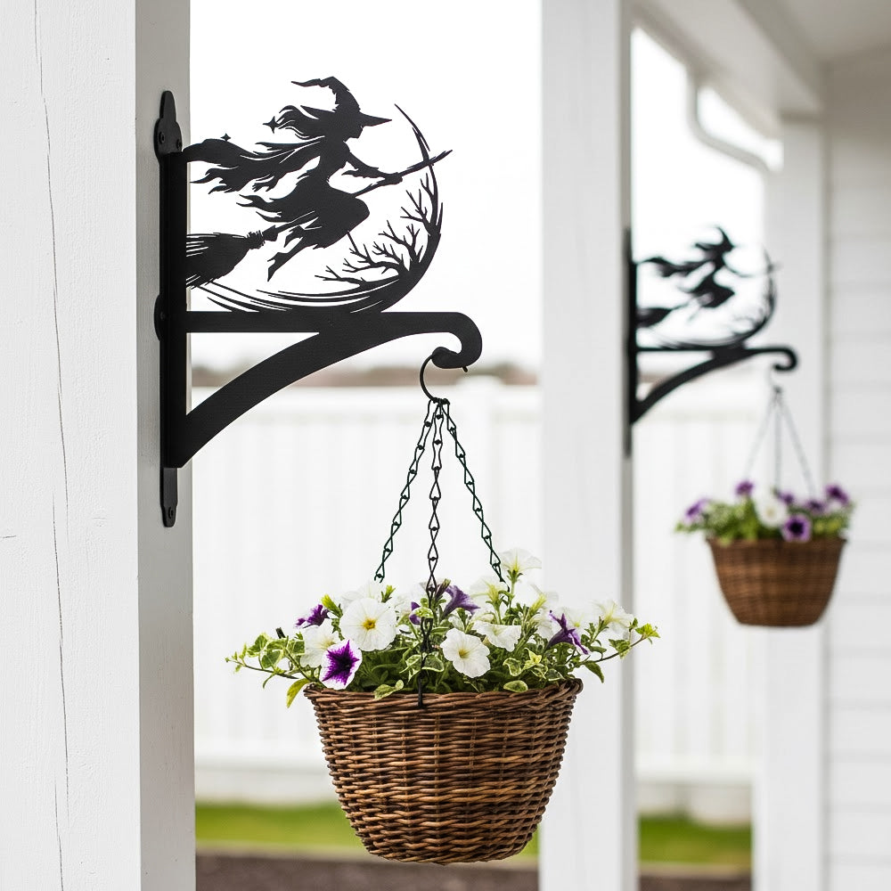 Flying witch and moon metal hanging basket bracket mounted on outdoor wall for plant decoration