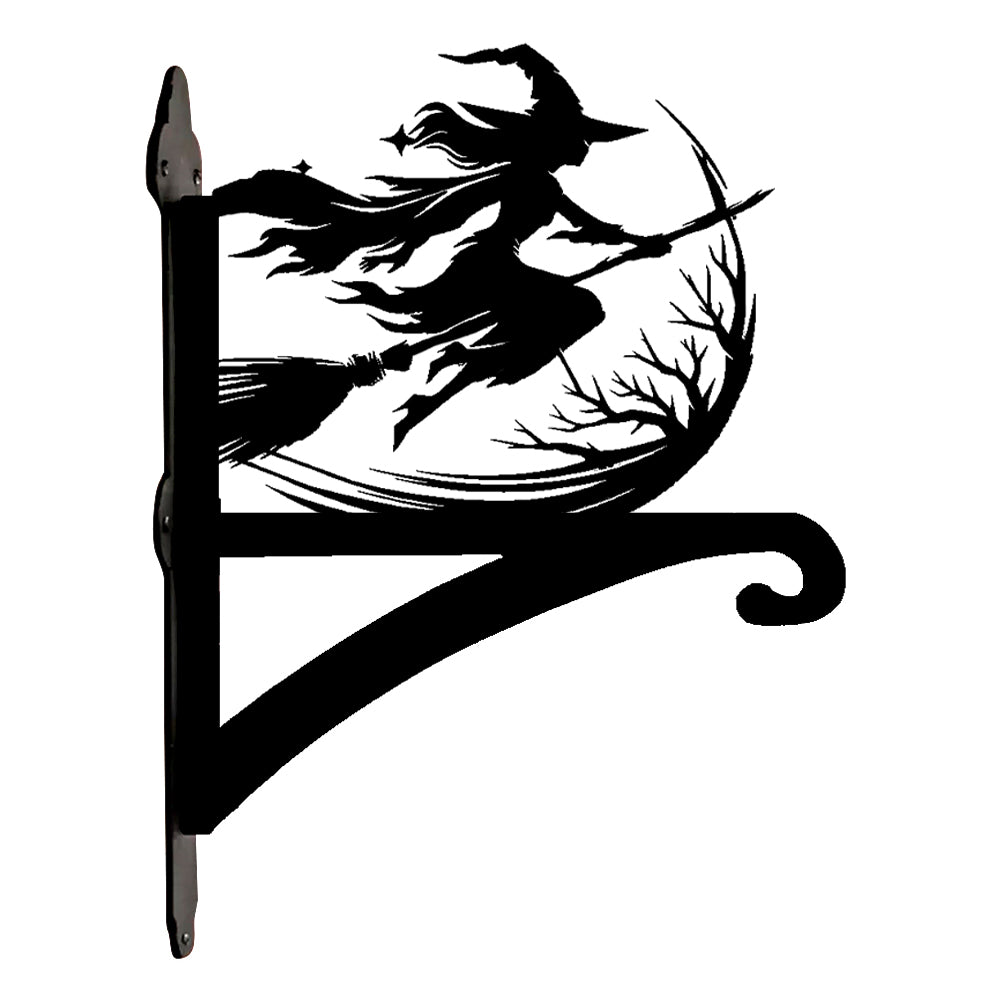 Flying witch and moon metal hanging basket bracket mounted on outdoor wall for plant decoration