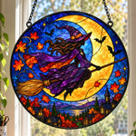 Flying Witch Halloween stained glass suncatcher window hanging, suitable for home and garden decoration
