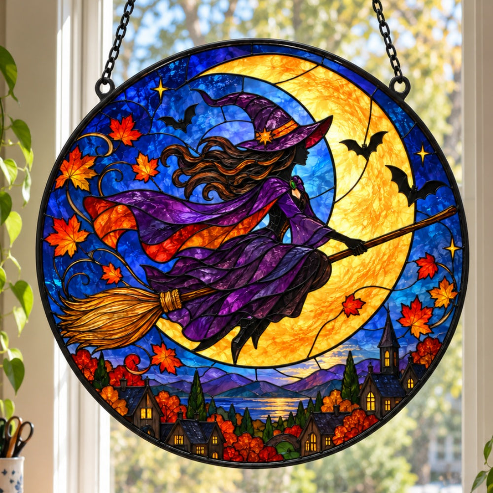 Flying Witch Halloween stained glass suncatcher window hanging, suitable for home and garden decoration