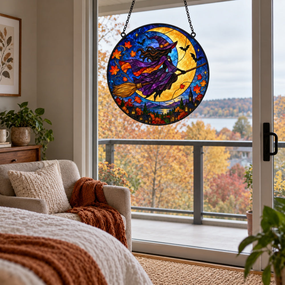 Flying Witch Halloween stained glass suncatcher window hanging, suitable for home and garden decoration