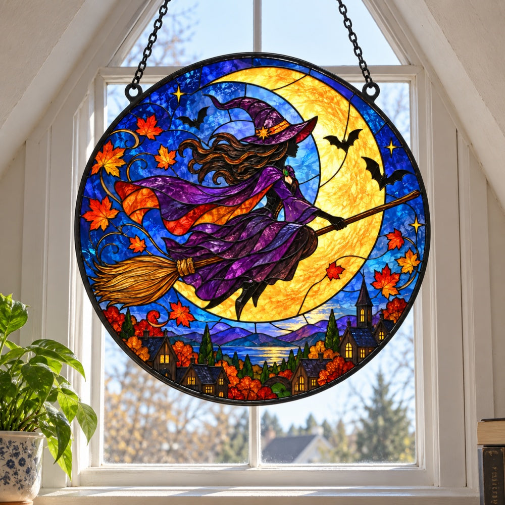 Flying Witch Halloween stained glass suncatcher window hanging, suitable for home and garden decoration