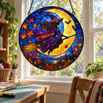 Flying Witch Halloween stained glass suncatcher window hanging, suitable for home and garden decoration