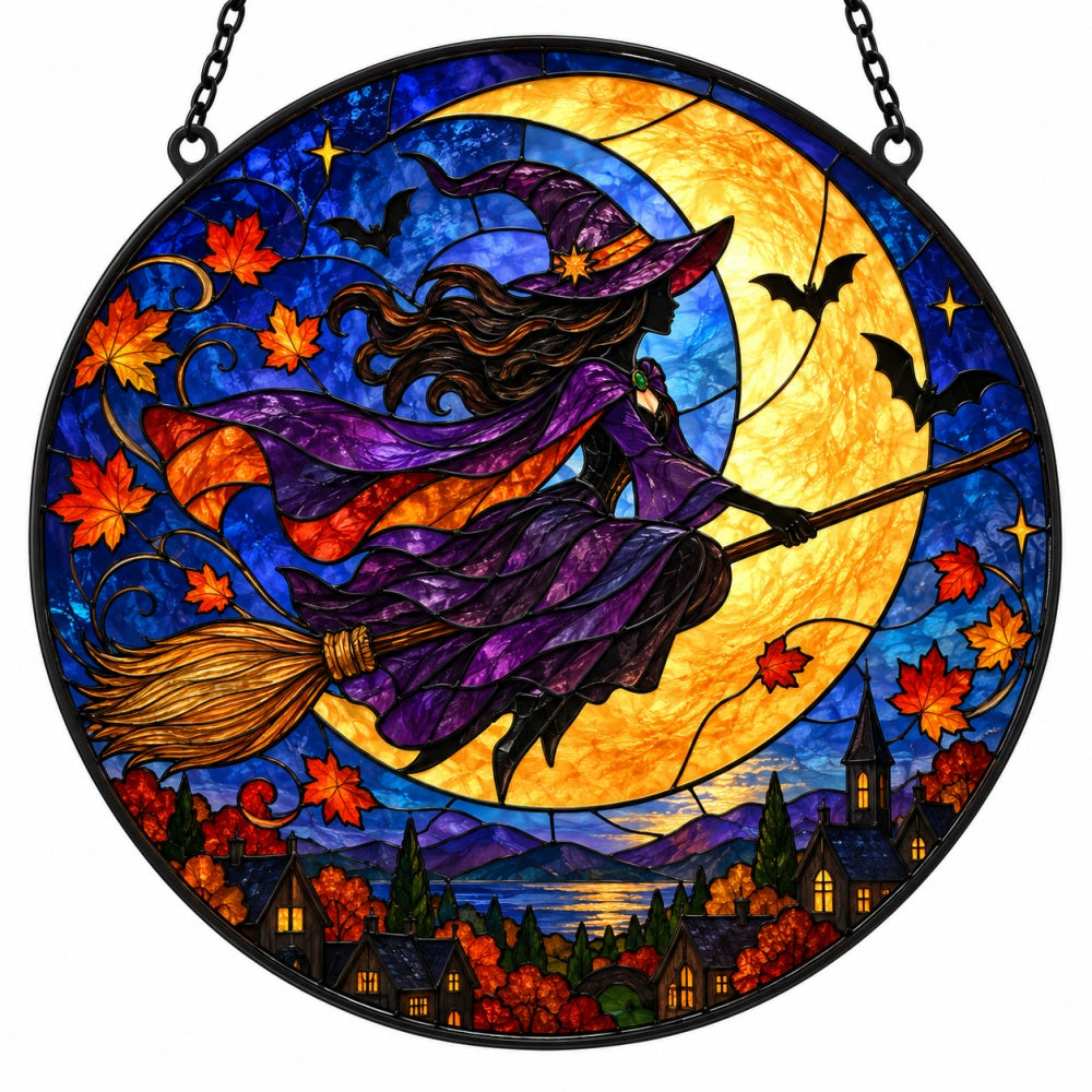 Flying Witch Halloween stained glass suncatcher window hanging, suitable for home and garden decoration
