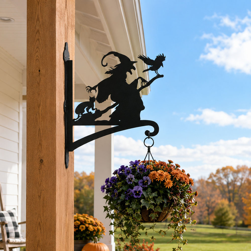 Flying witch metal hanging basket bracket mounted on outdoor wall for plant decoration