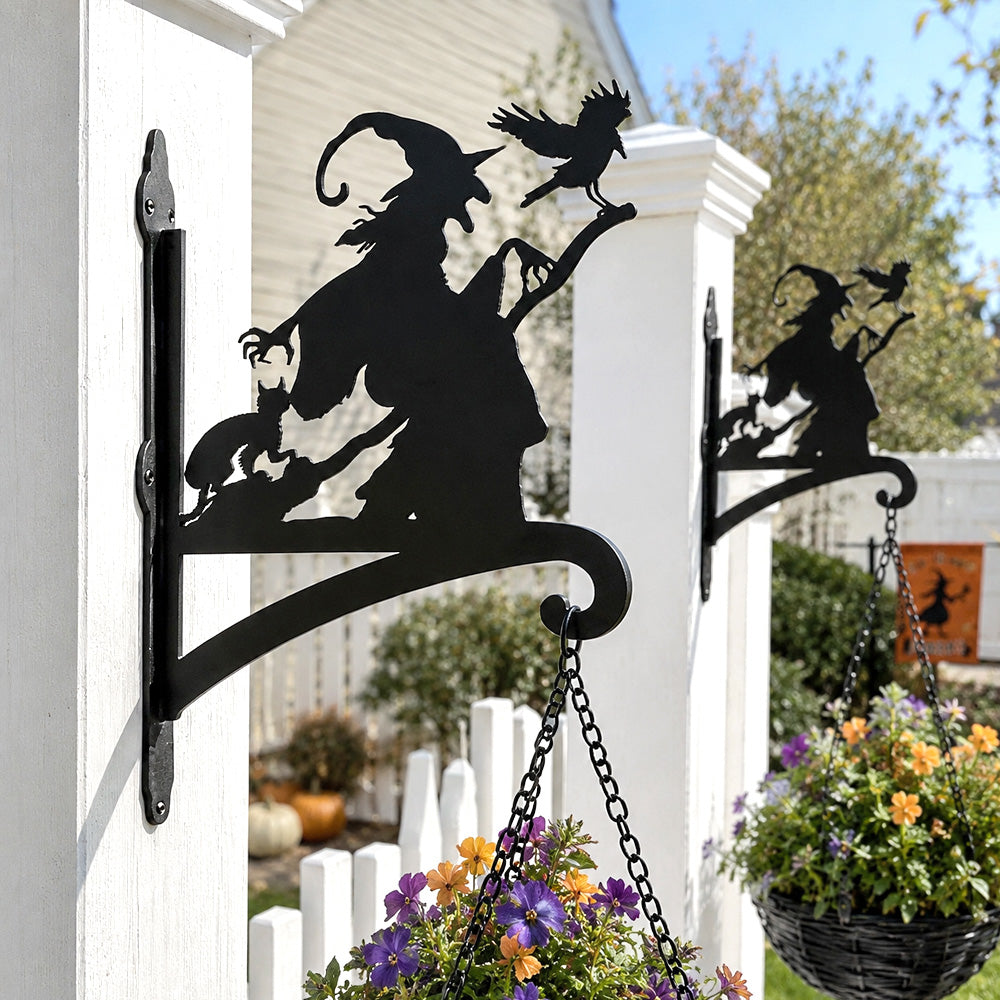 Flying witch metal hanging basket bracket mounted on outdoor wall for plant decoration