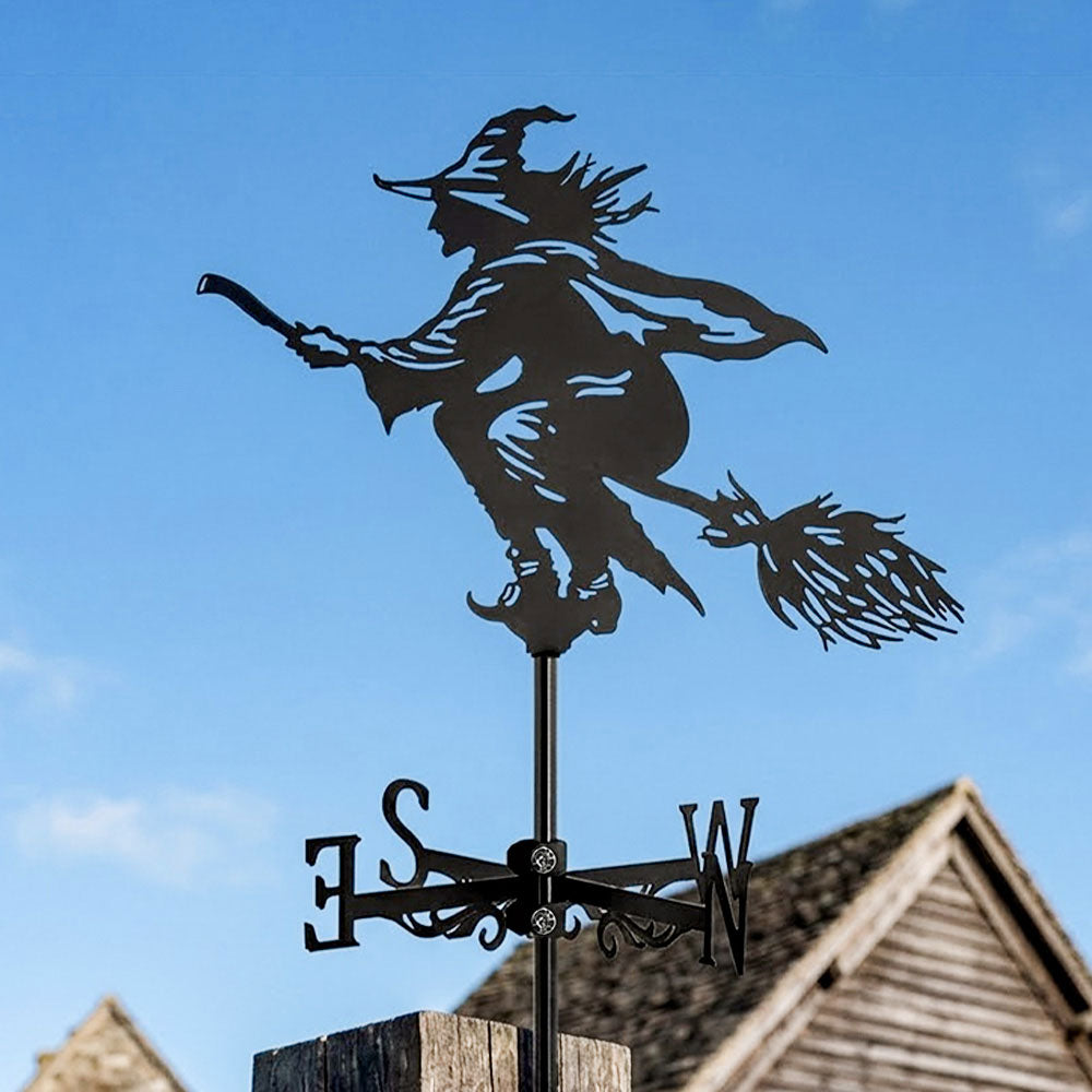 Flying witch metal weather vane with directional arrows and mounting rod, outdoor roof and garden decoration