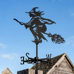 Flying witch metal weather vane with directional arrows and mounting rod, outdoor roof and garden decoration