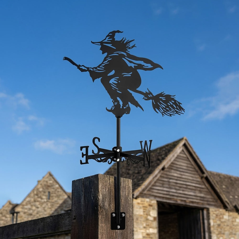 Flying witch metal weather vane with directional arrows and mounting rod, outdoor roof and garden decoration