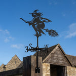 Flying witch metal weather vane with directional arrows and mounting rod, outdoor roof and garden decoration