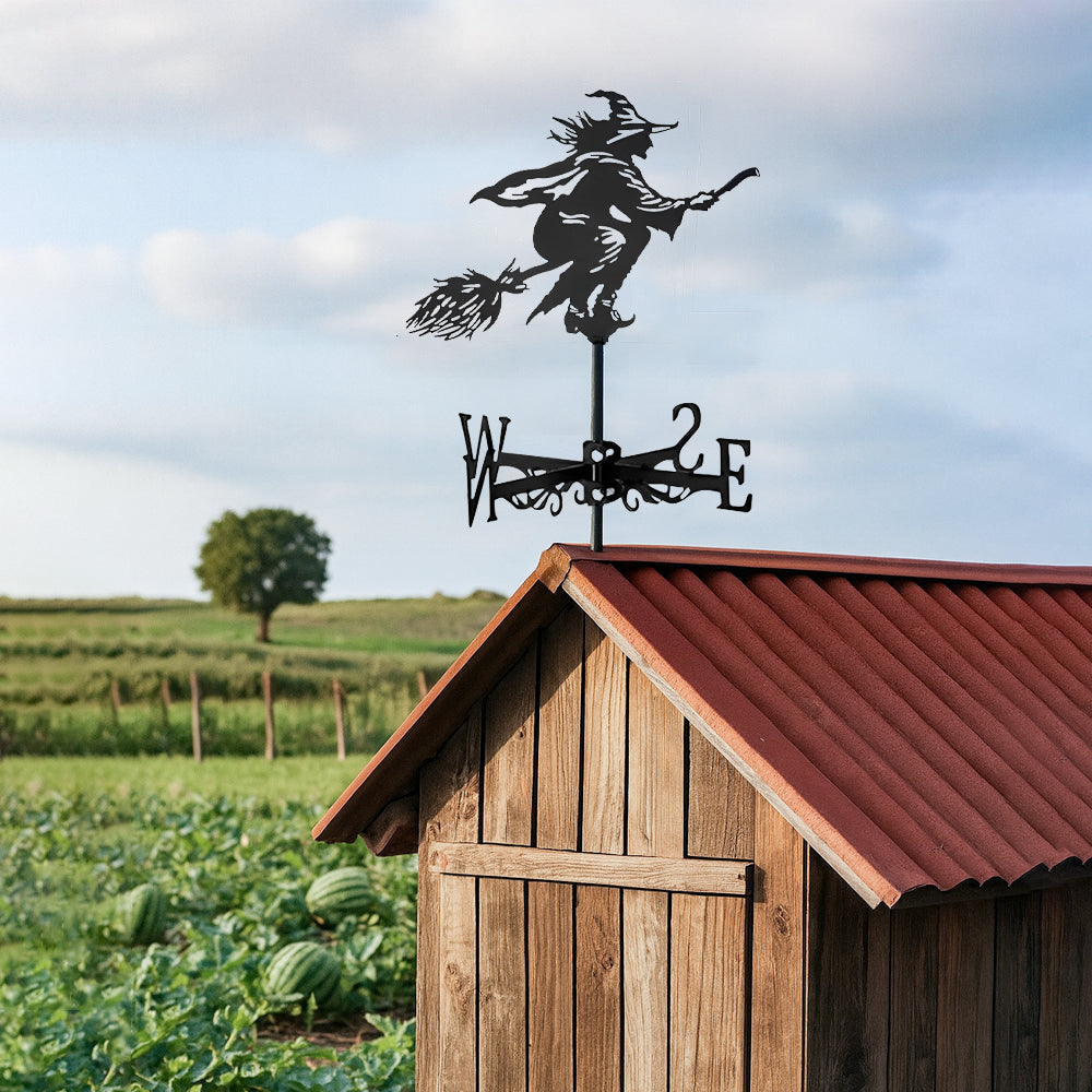 Flying witch metal weather vane with directional arrows and mounting rod, outdoor roof and garden decoration