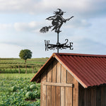 Flying witch metal weather vane with directional arrows and mounting rod, outdoor roof and garden decoration